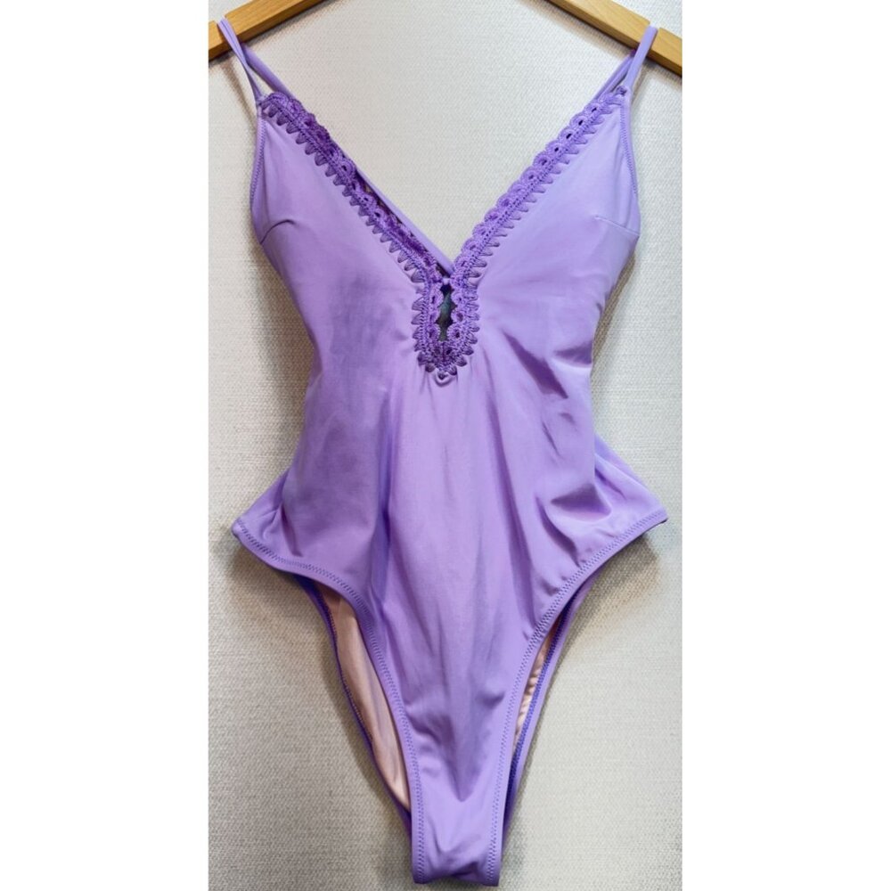 Shade & Shore Women's Plunge Front Crochet Trim One Piece Swimsuit Size M Blue